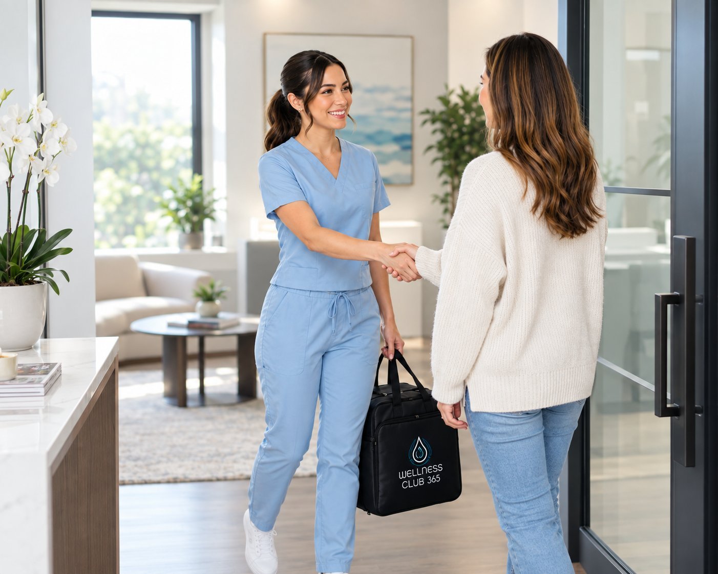 Wellness Club 365 nurse greeting a patient at her front door