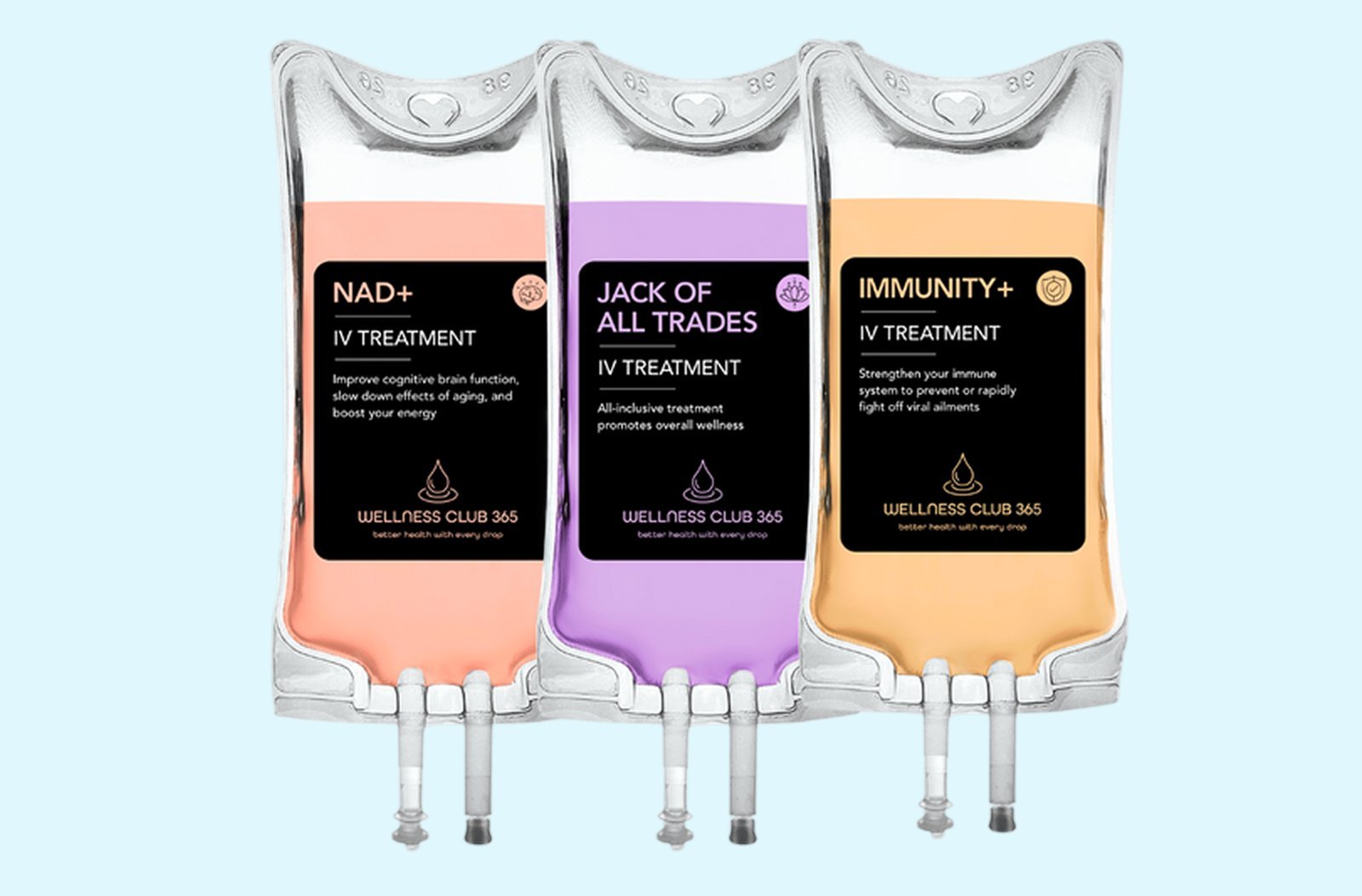 NAD+, Jack of All Trades and Immunity+ IV treatment bags