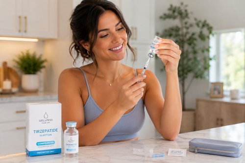 Woman preparing a GLP-1 injection at a kitchen table